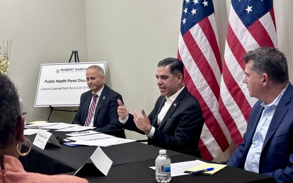 Congressman Robert Garcia speaking with panel of public health experts