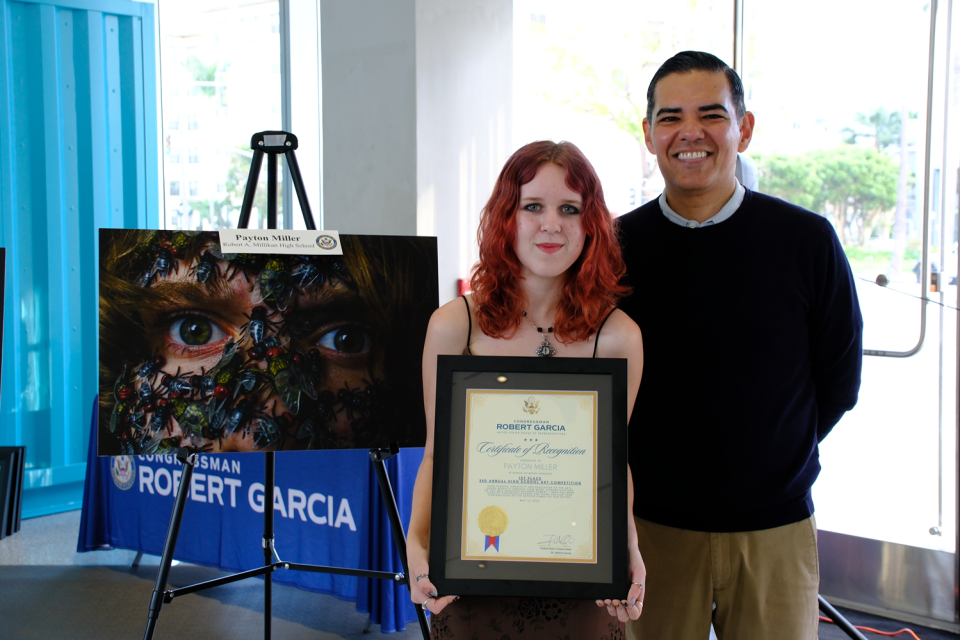 Payton Miller, Winner of the 2025 Congressional Art Competition in CA-42, and Congressman Robert Garcia.